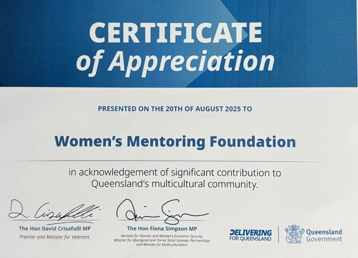 Queensland Government - Certificate of Appreciation 2025